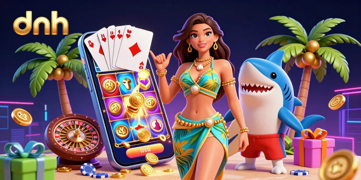 Experience the thrill of gambling with dnh, featuring a charismatic beach goddess and animated casino elements.
