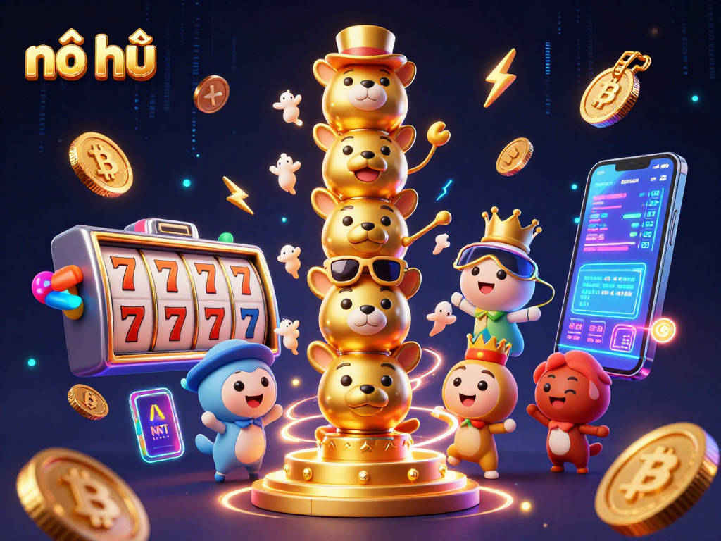 Spin the nổ hũ reels and win big with vibrant slot machine symbols and digital effects.