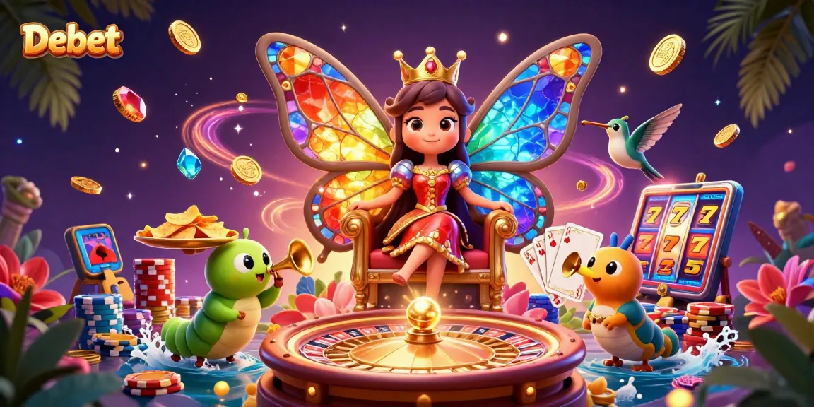 Join the colorful adventure at Debet, surrounded by vibrant casino elements and a captivating butterfly queen.