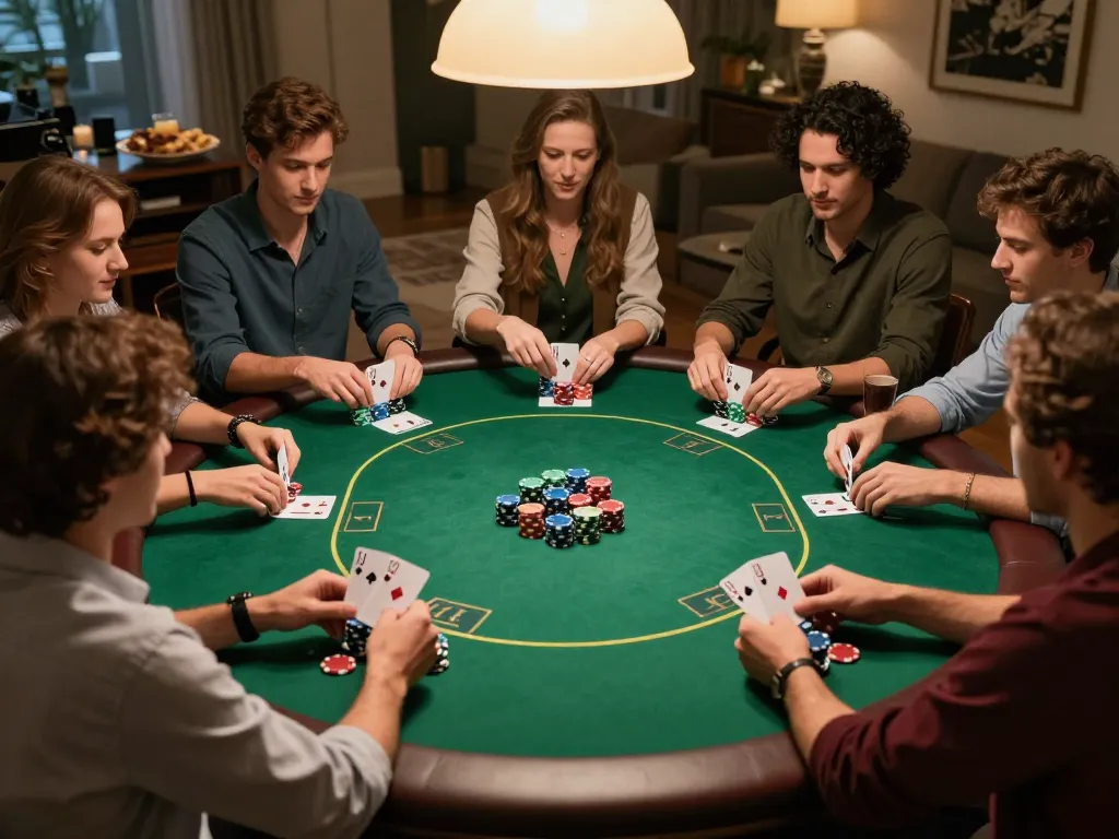 Cổng game 789Club home poker night with friends enjoying a strategic Texas Hold'em game.