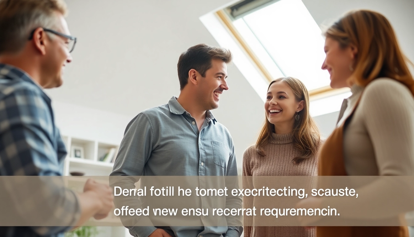 Velux repairs: Happy homeowners consult with a technician under a newly installed skylight.