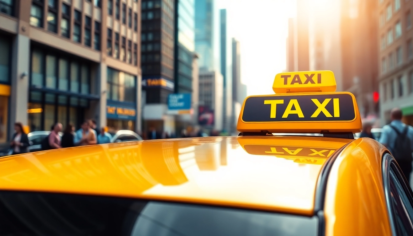 Cabs cruising through a lively city scene with a vibrant yellow taxi cab in focus.