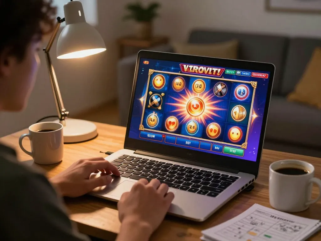 Seri33 player enjoying exciting slot games at home, showcasing laptop and cozy atmosphere