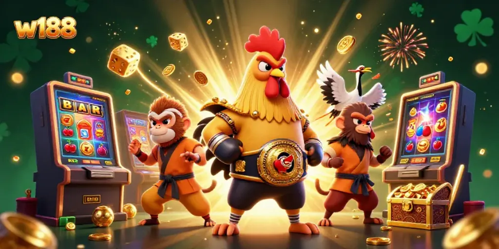 Experience the thrill of w188 with a vibrant 3D cartoon casino scene featuring a Muay Thai rooster, Shaolin monkey, and wise crane master.