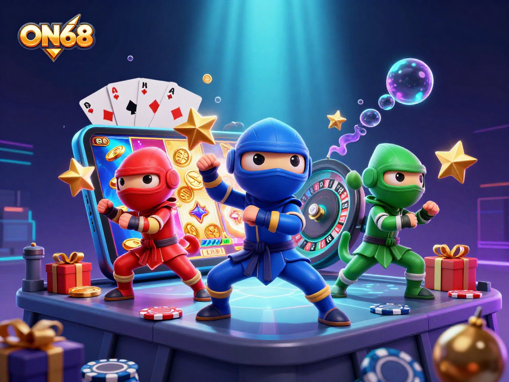 Bet on ON68 with a dynamic scene of chameleons showcasing casino elements in a vibrant atmosphere.