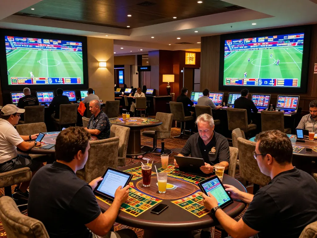 Engaged bettors using 1gom app for real-time sports betting in elegant casino setting.