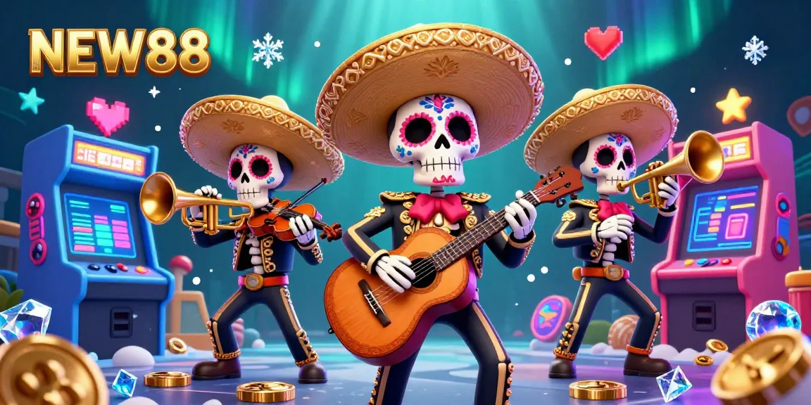 Engaging 3D scene of mariachi characters celebrating NEW88 with vibrant casino aesthetics and gaming elements.