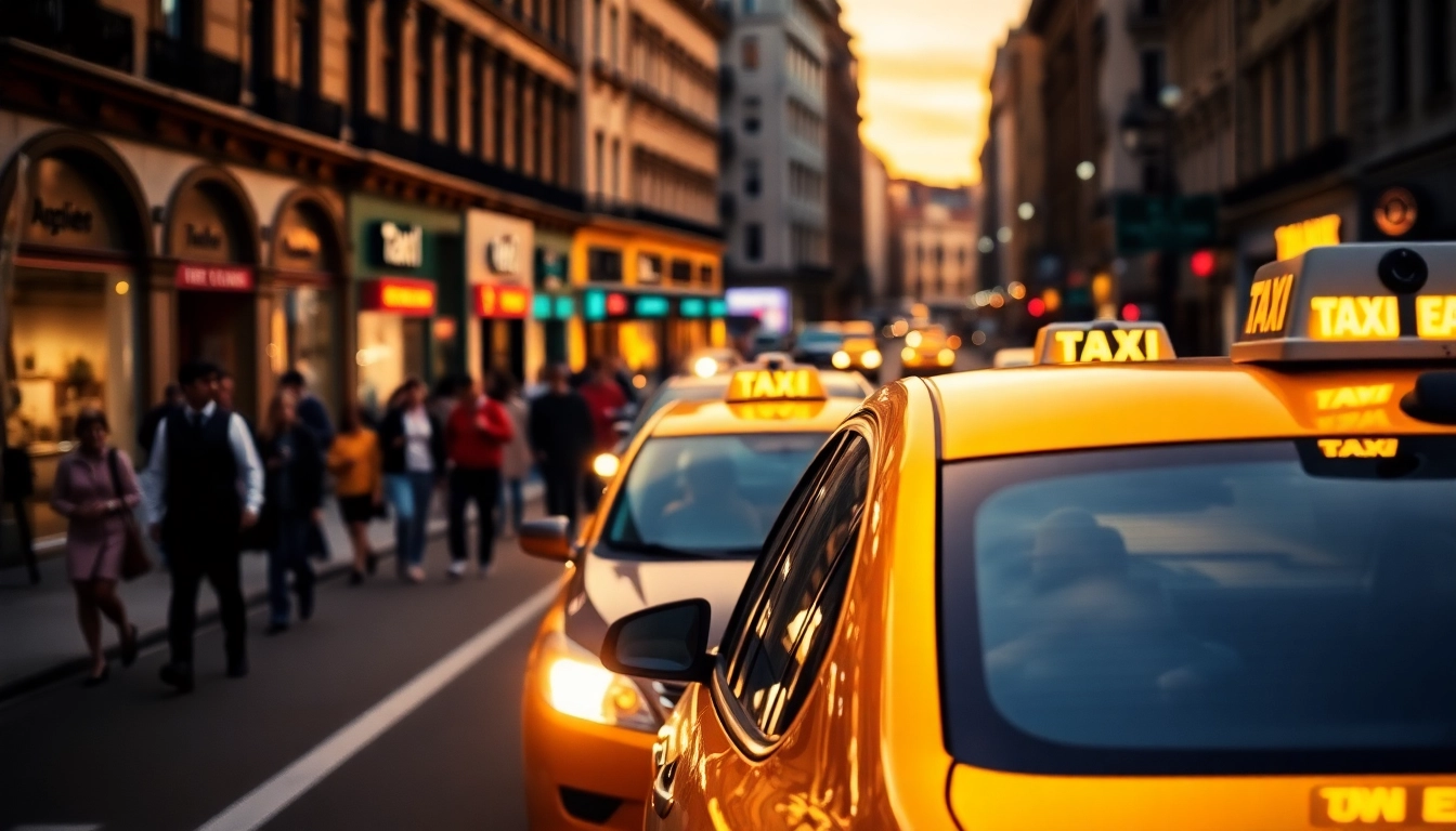 Taxis shining in vibrant city streets during dusk with historic buildings.