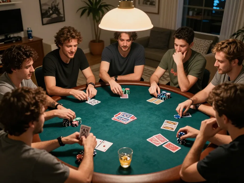 Players enjoying action-packed poker night at https://xo88tv.com/ home setting with chips and cards displayed on the table