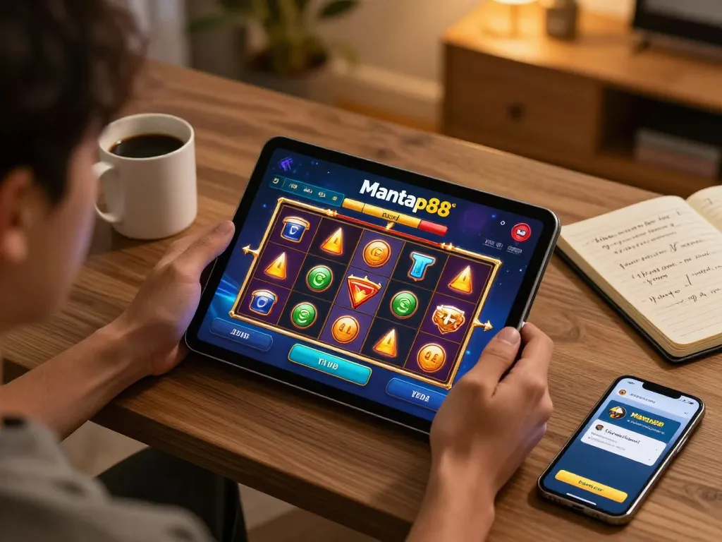 Player enjoying Mantap88 online casino slots on tablet in a cozy home setting.