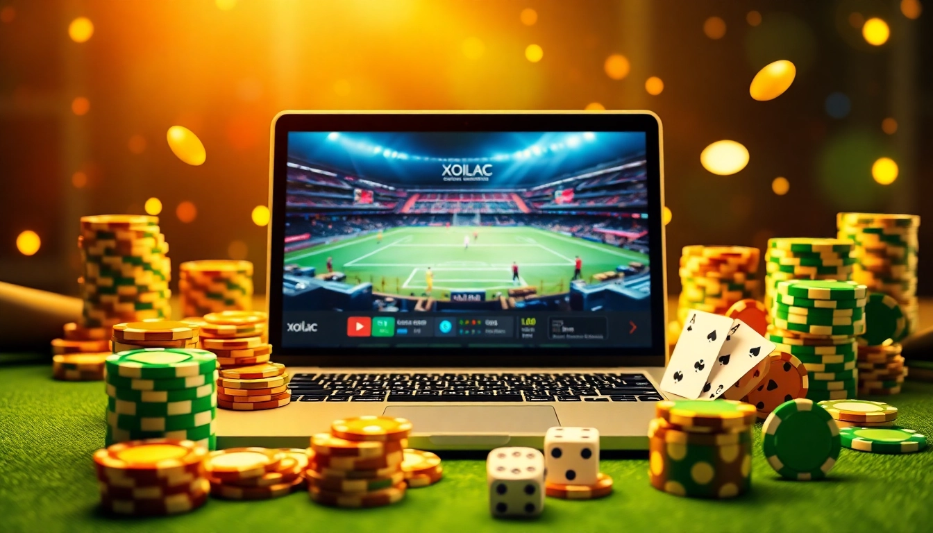 Xoilac streaming a live football match on a laptop surrounded by poker chips and playing cards.