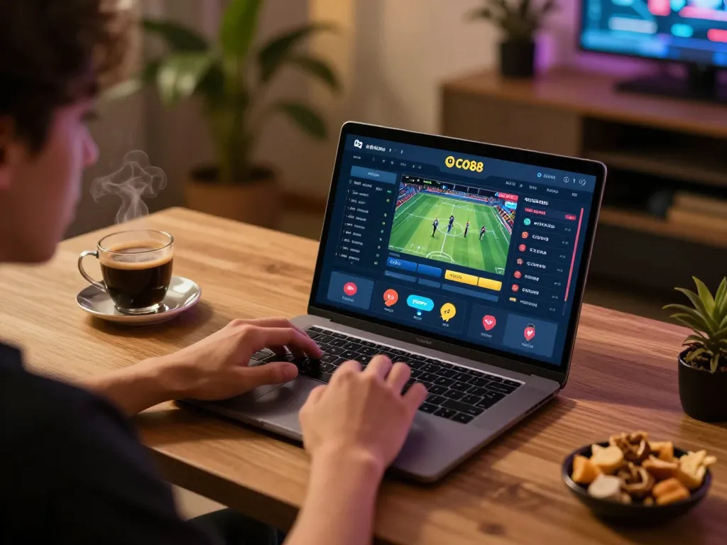 Engaging in sports betting at CO88 on a laptop with real-time odds displayed.