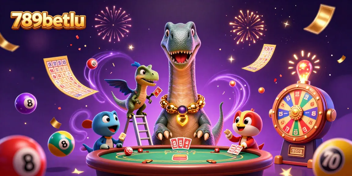 Engage with 789betlu in a vibrant casino scene showcasing a brontosaurus and raptor amid dynamic gaming elements.