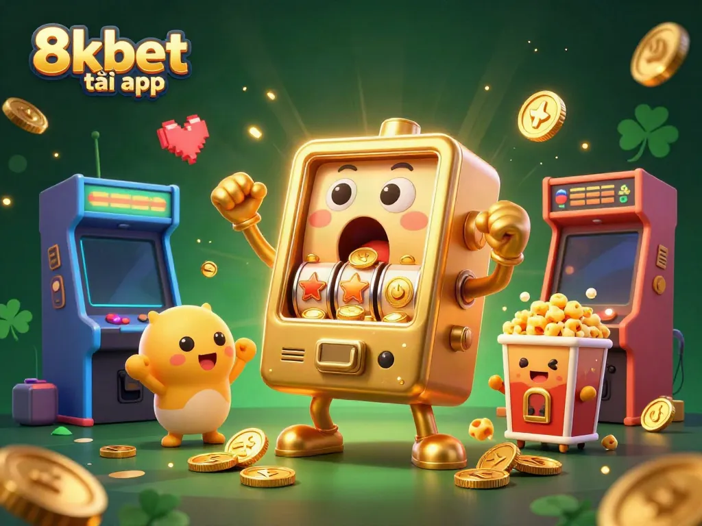 Exciting scene with 8xbet tải app, showcasing vibrant slot machines amidst golden coins and arcade games.