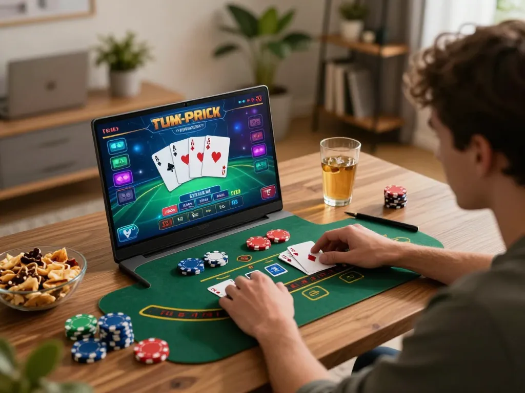 Player enjoying QQ88 COM while playing blackjack online in a cozy home setting.