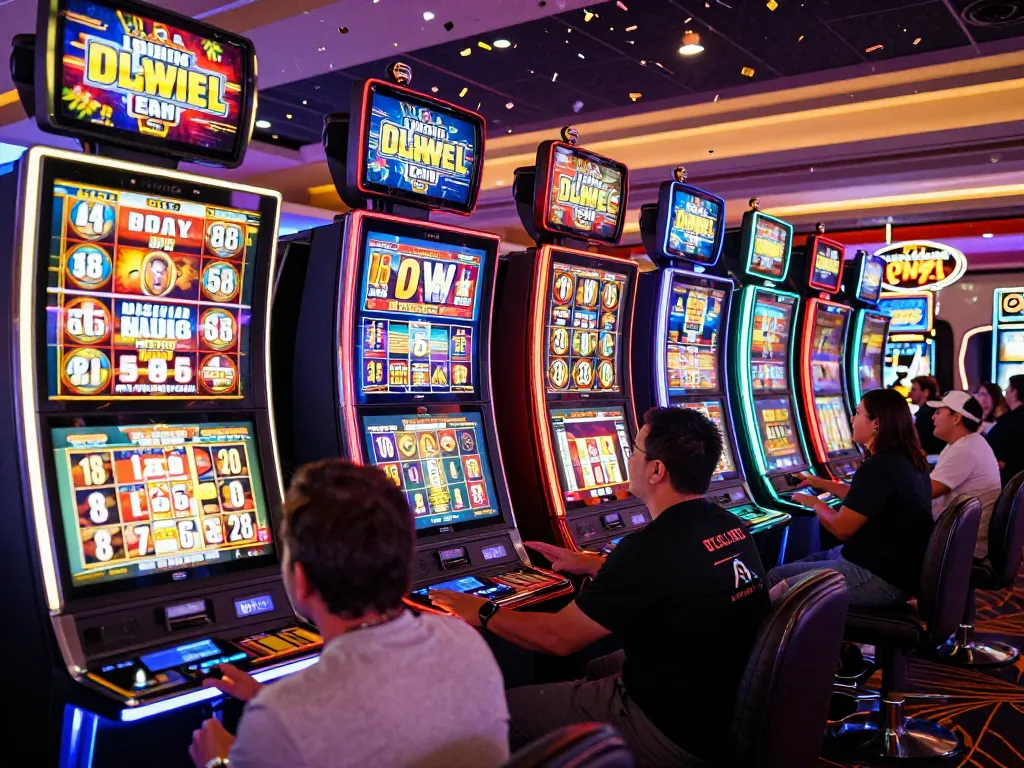 Players celebrating a slot win at a lively Las Vegas casino.