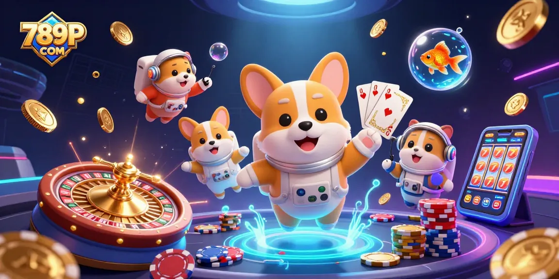 Experience thrilling gaming at 789P COM with a cartoon corgi navigating a space casino!
