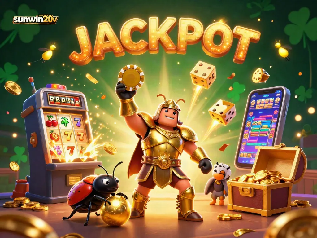 Engage in thrilling wins with sunwin20v's vibrant animated casino illustration featuring slots and jackpot.