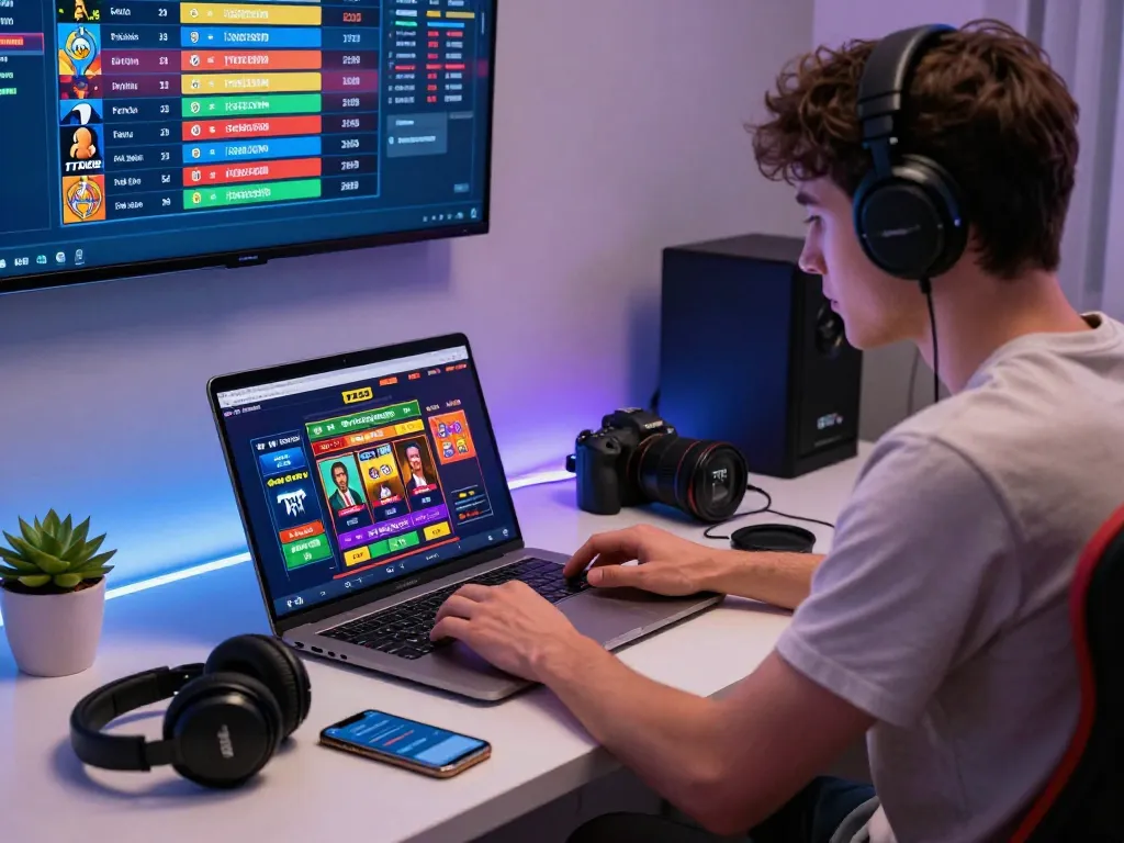 Engaging TT88 online betting scene showcasing a player using a laptop with vibrant gaming graphics and accessories.