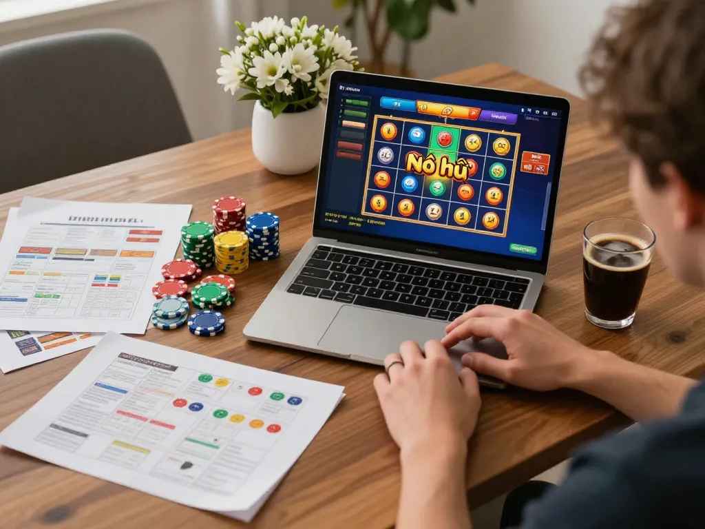 Nổ hũ slots displayed on a laptop during an online gaming session in a cozy home setup.