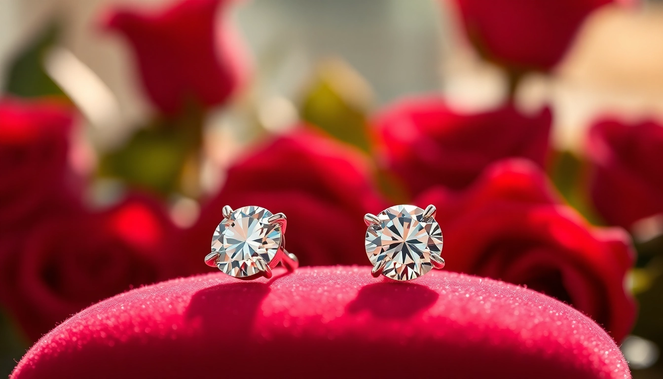 Explore exquisite Valentine's Day diamond earrings UK, elegantly displayed amidst romantic roses.