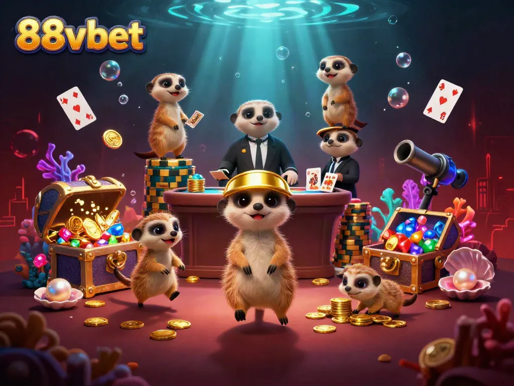 Engage with 88vbet's animated meerkat casino scene featuring vibrant game elements and exciting casino interactions.