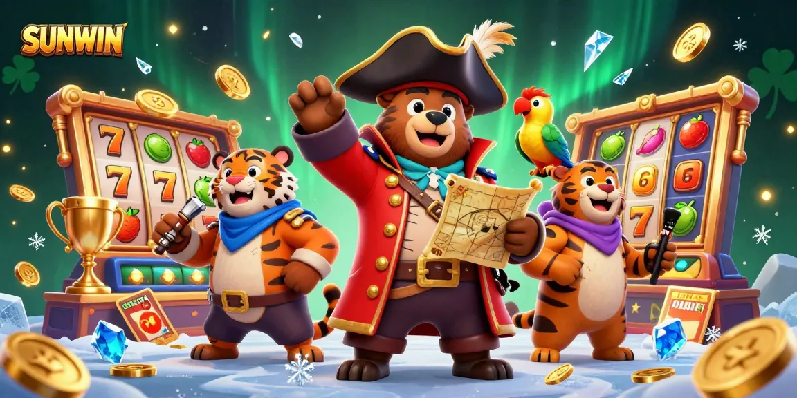 SUNWIN players spinning on slots for big wins in a lively, colorful casino scene