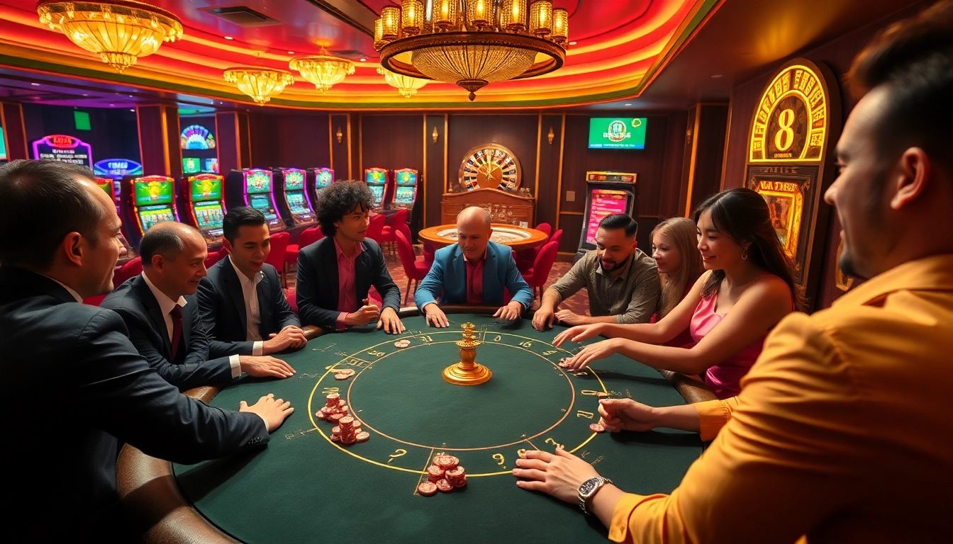 Gambling excitement at a poker table showcasing go 8 action with vibrant chips and a roulette wheel.