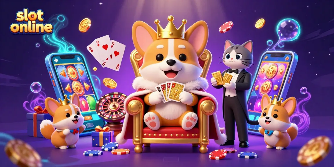 Spin the reels of engaging slot online games featuring a royal corgi king and vibrant casino elements.