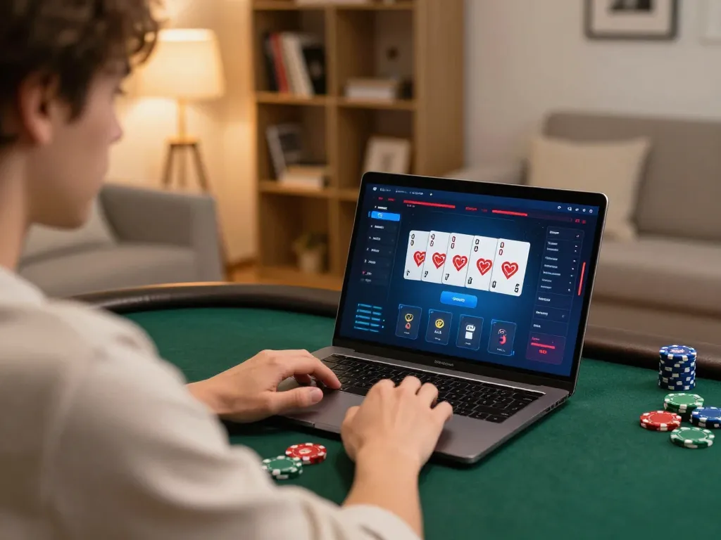 Engaged player using 789WIN online casino app for poker gameplay on a laptop.