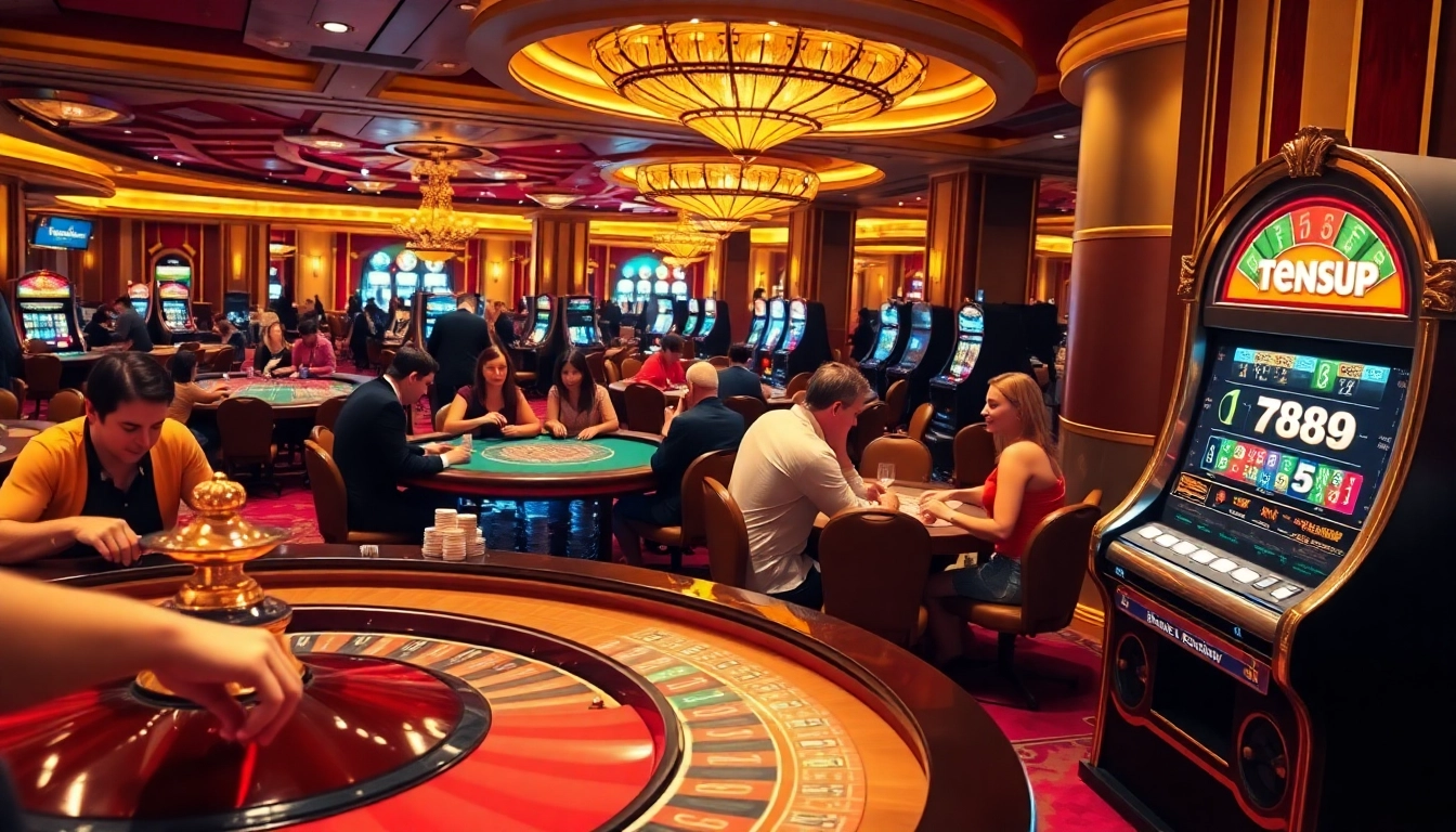 Excited players celebrating a win at the 789P casino, surrounded by vibrant gambling tables and luxury decor.