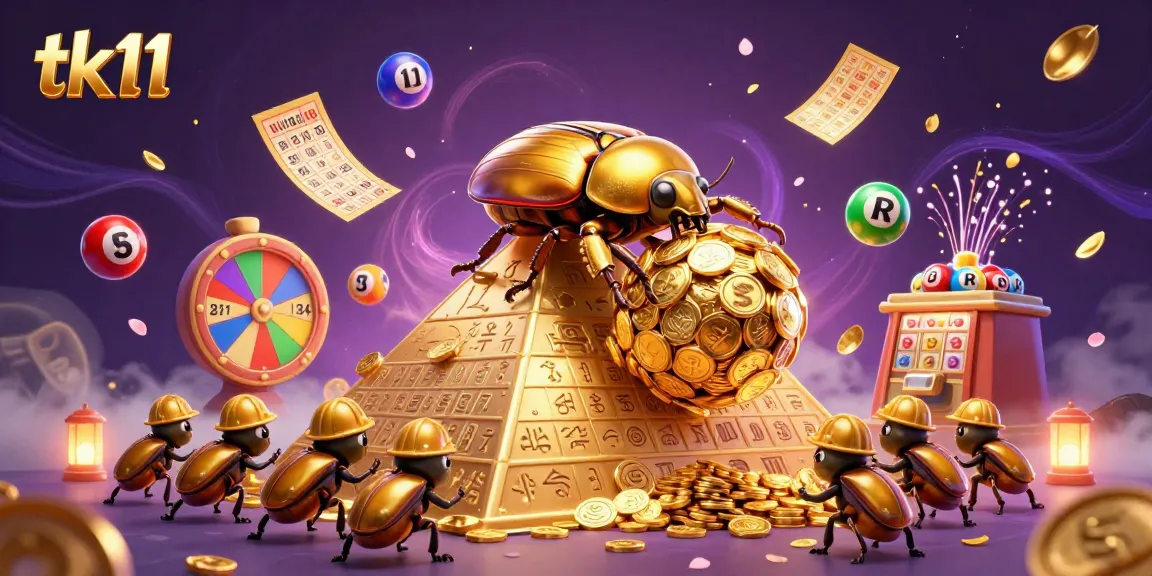 Engage with tk11’s vibrant gaming scene featuring a golden beetle rolling coins amidst dynamic lottery symbols.