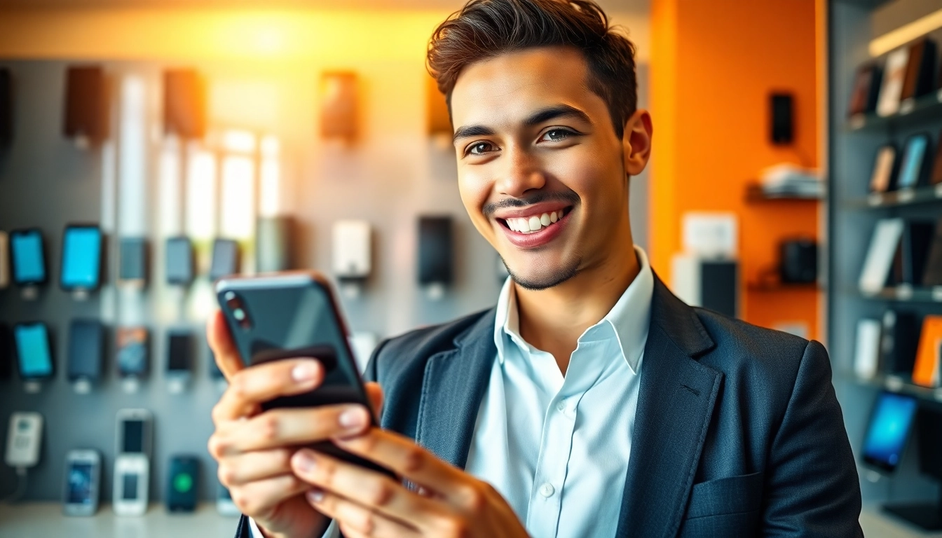 Experience Same Day Phone Cash with a joyful young adult in a modern phone store.