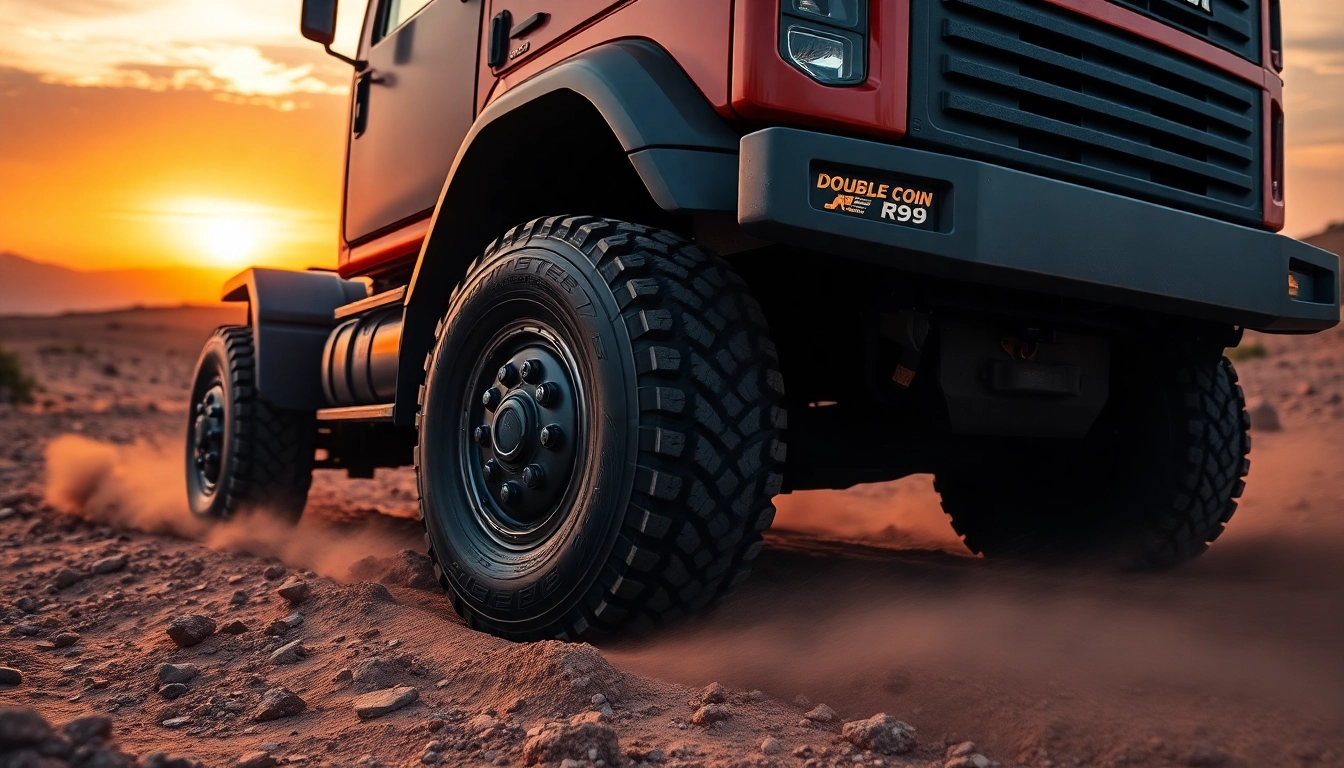 Heavy-duty truck with RR99 tires on rugged terrain, showcasing durability and performance.