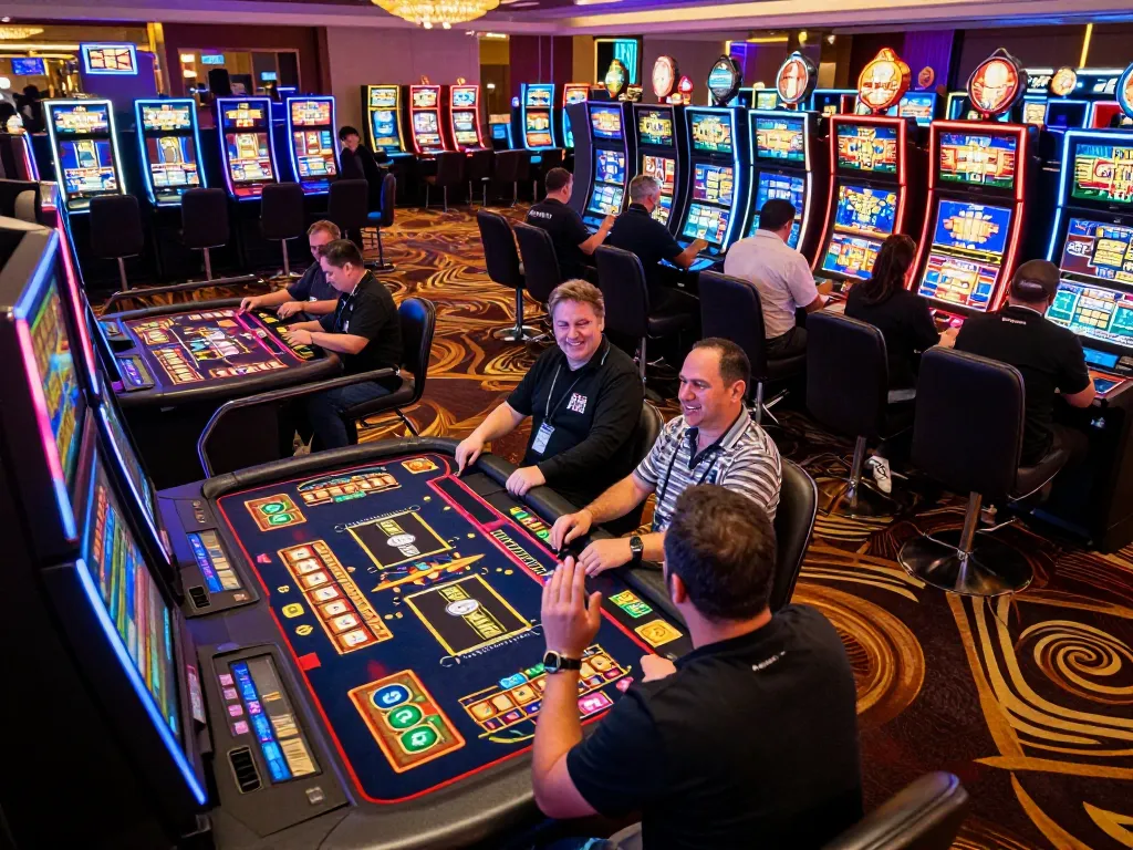 Players enjoying raja slot machines with colorful displays in a vibrant casino.