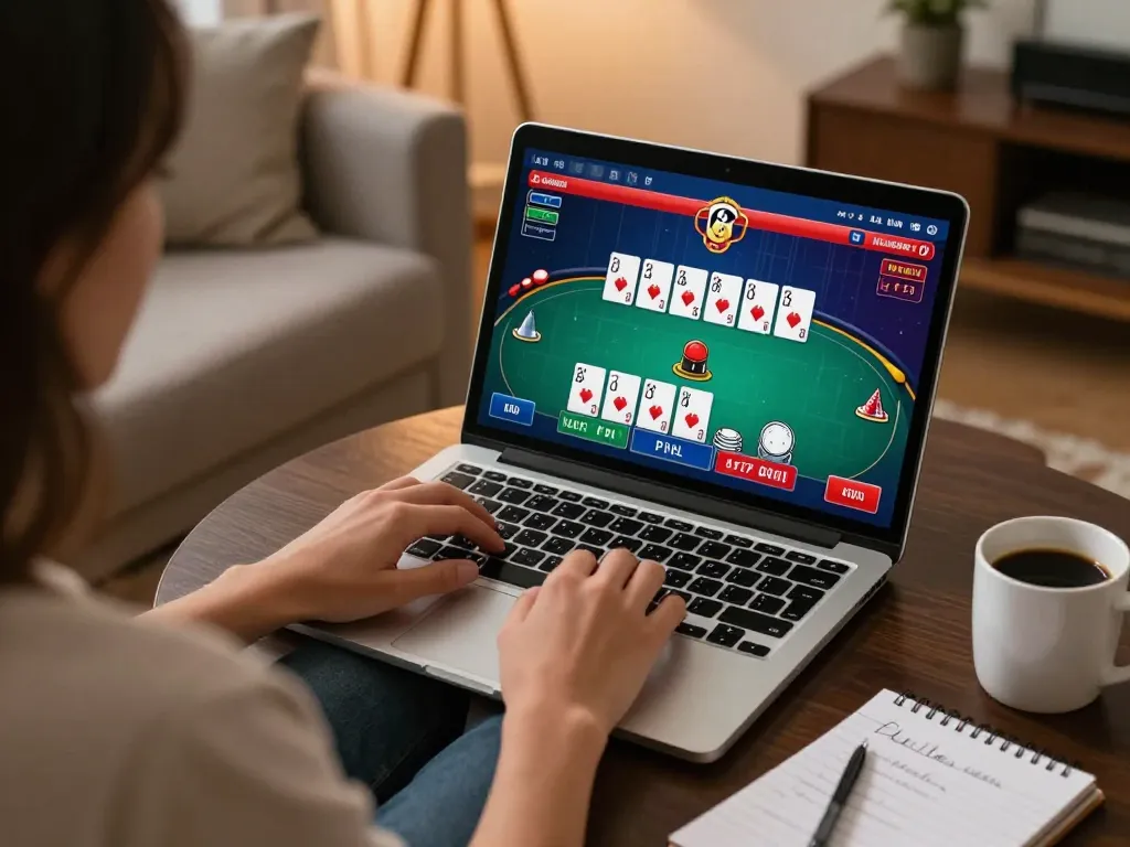 8day user enjoying poker game at home, showcasing a cozy and engaging online gambling experience.