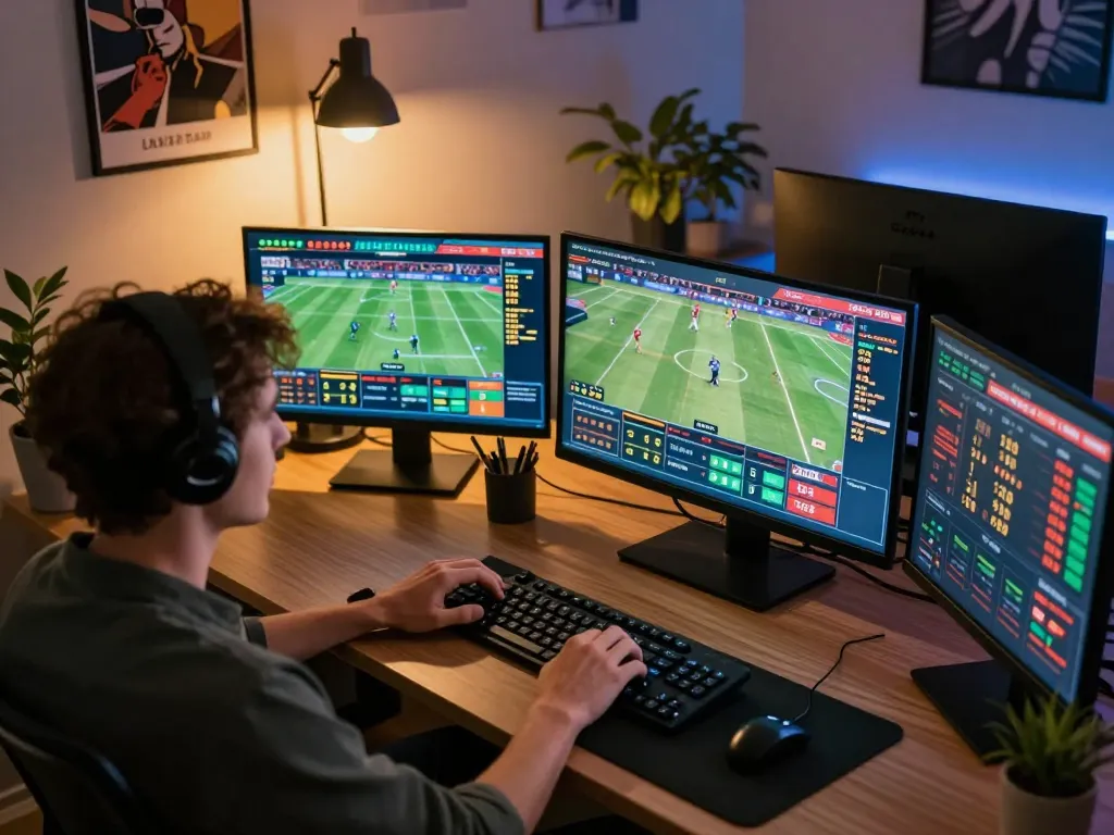 Engaged bettor on https://sky88live.com/ placing sports wagers using multiple screens in a modern setup.