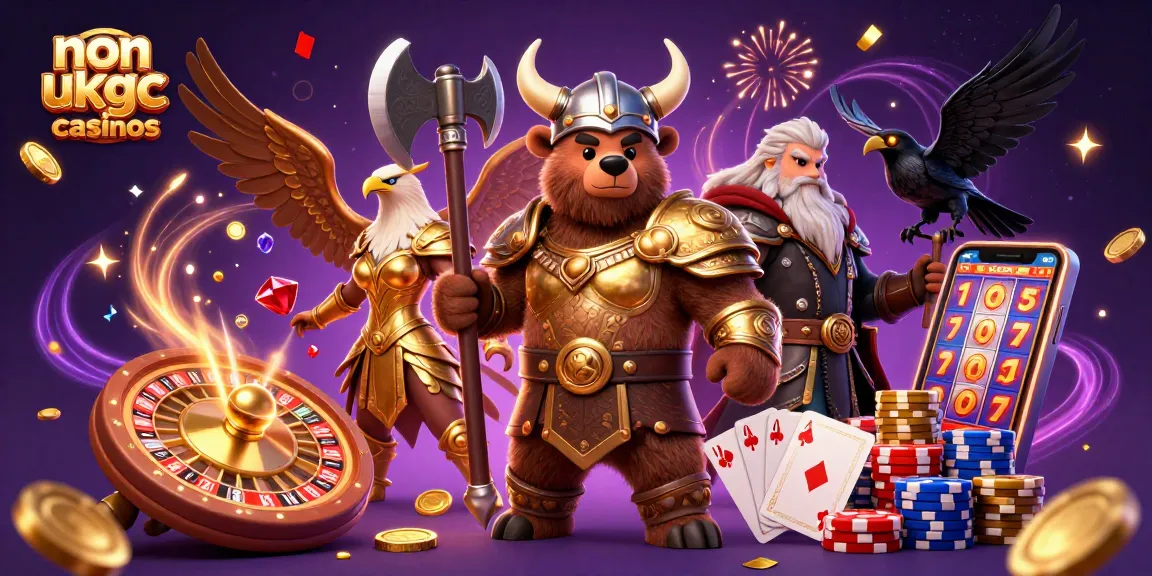 Experience gameplay at non ukgc casinos with Viking characters, vibrant gems, and dazzling gaming elements.