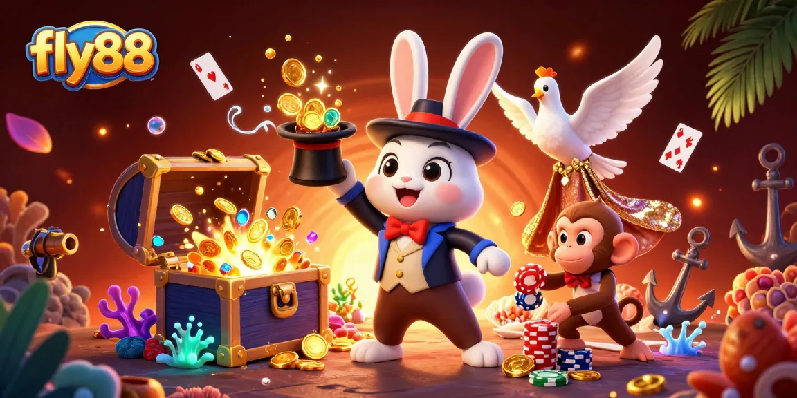 Experience the magic of fly88 with a stunning 3D cartoon scene featuring dynamic gaming characters and casino elements.
