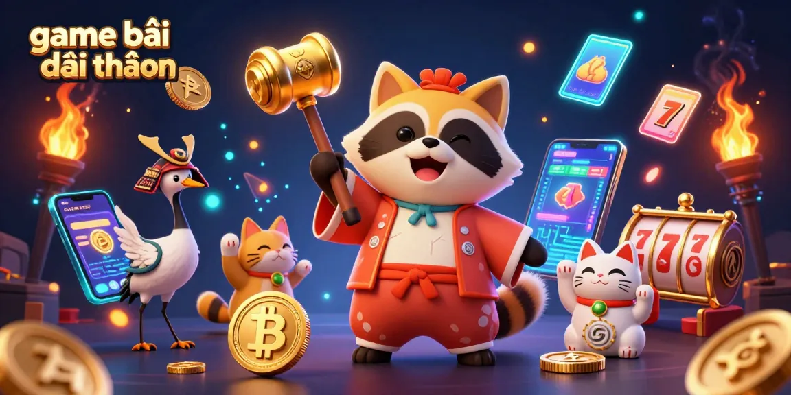 Experience game bài đổi thưởng with lively 3D elements, featuring a cheerful tanuki and neon coins.