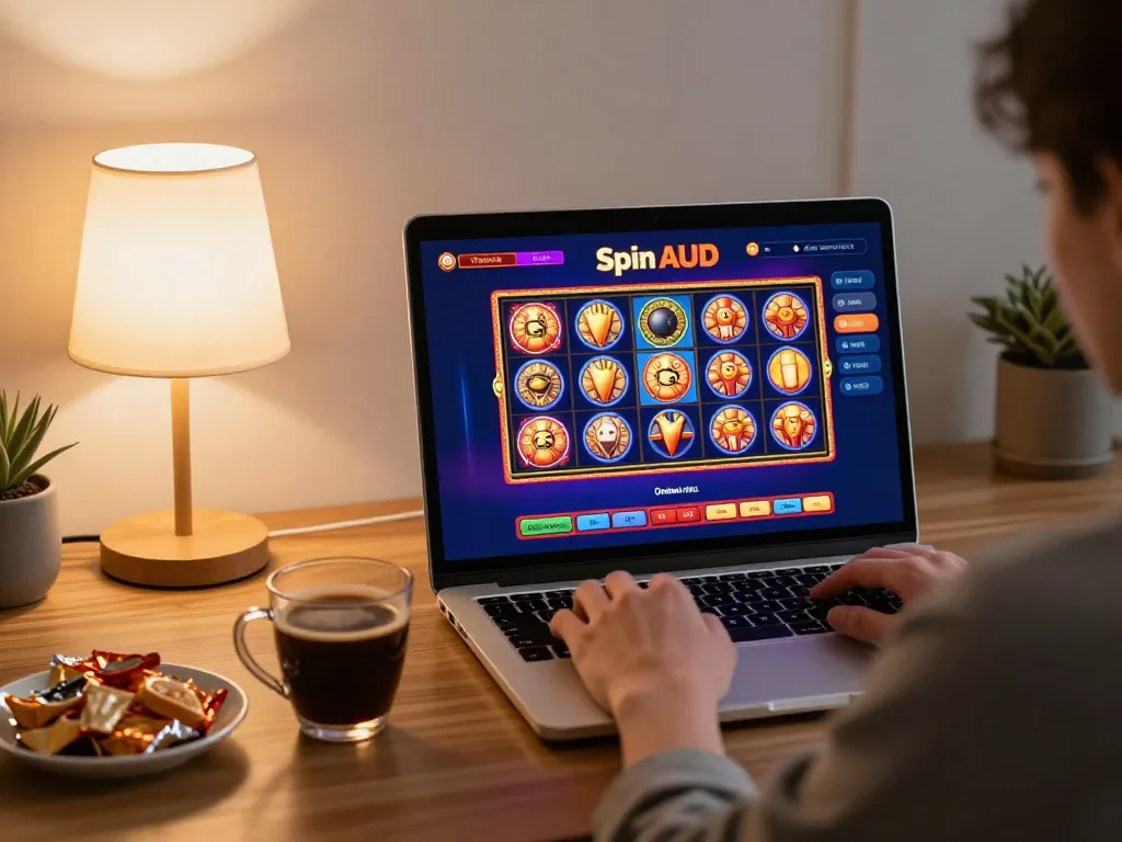 Player engaging with SpinAUD online casino on laptop in cozy home environment, enjoying virtual pokies.