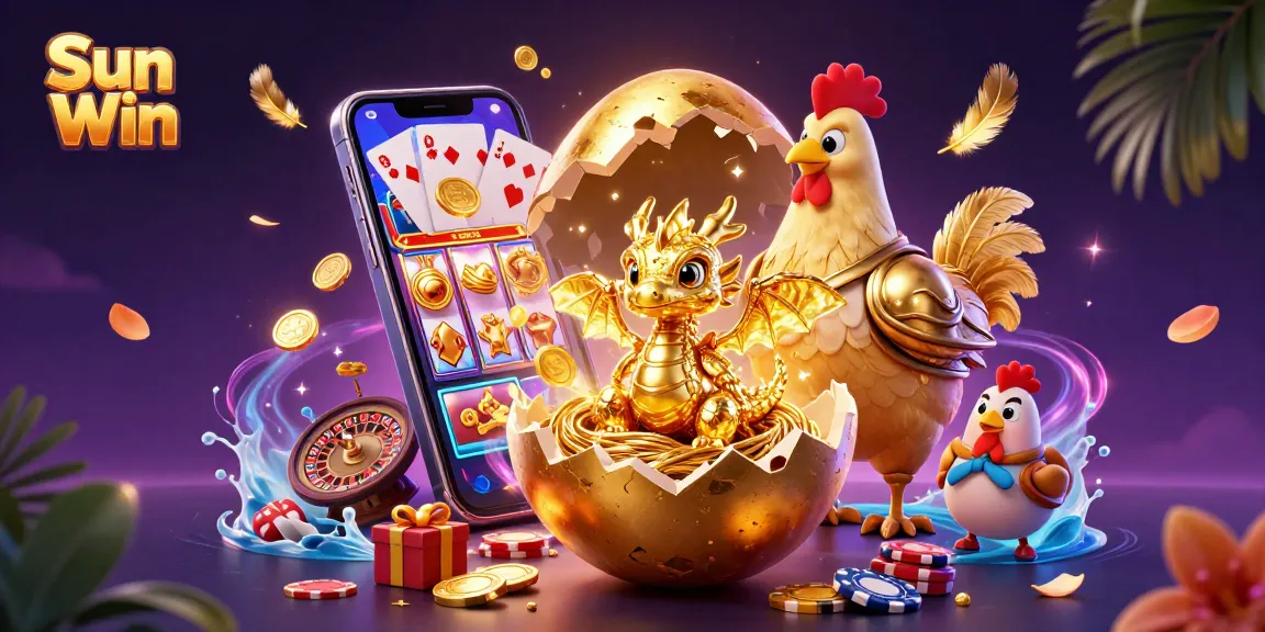 Experience vibrant gaming action with Sun Win's baby dragon and golden elements in a 3D casino scene.