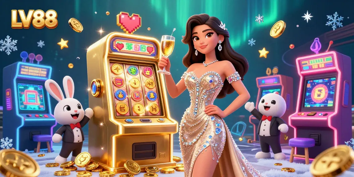 Experience thrilling gaming at LV88 with a glamorous woman toasting next to a jackpot slot machine.