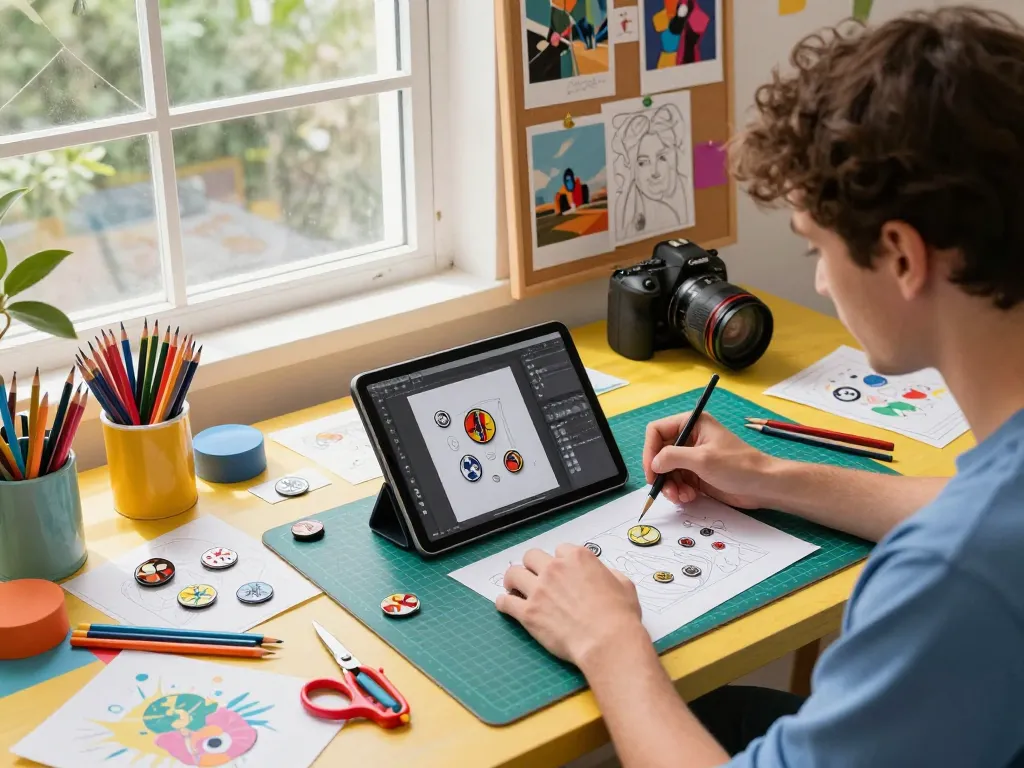 Creative workspace designing custom pins with vibrant sketches and tools.