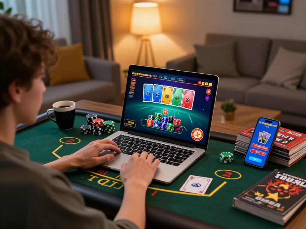 Player engaging in online blackjack at mm88.green with vibrant cards and chips on display.
