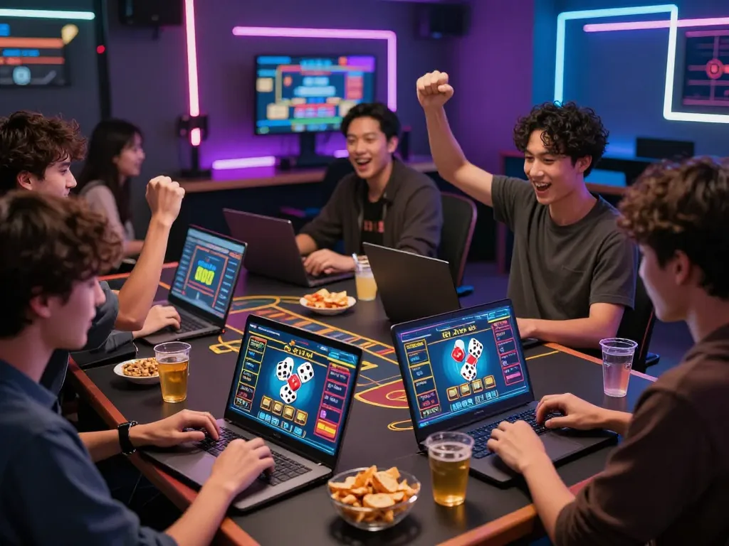 Excited players enjoying tài xỉu online in a vibrant gaming room with snacks and drinks.
