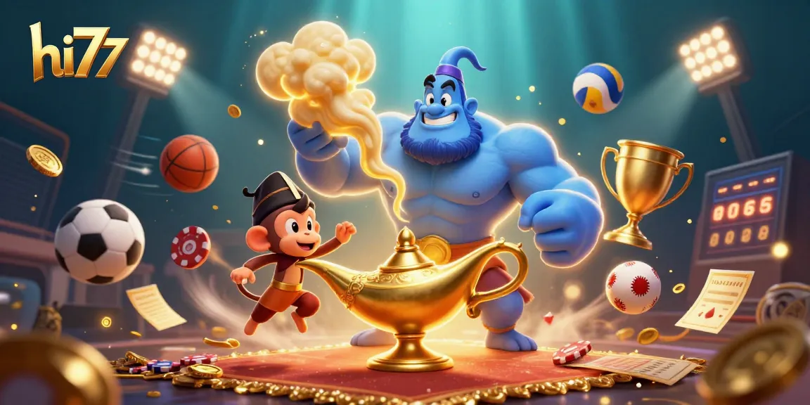 Join the action at hi77 with an exciting scene of a genie, sports elements, and gold coins highlighting thrilling gameplay.