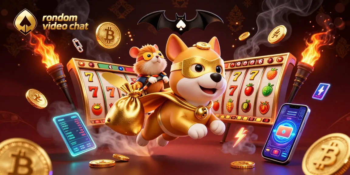Engage in random video chat while enjoying a lively casino scene with characters and vibrant gambling elements.