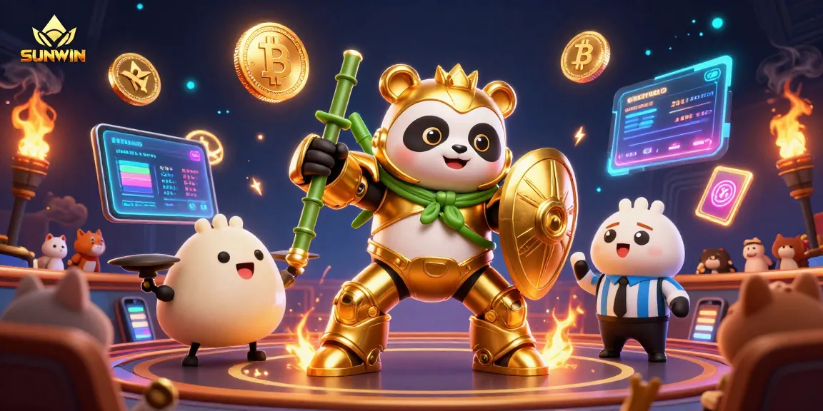 SUNWIN showcases a dynamic casino scene with a golden panda in mech-suit piloting a robot, surrounded by cryptocurrency coins.