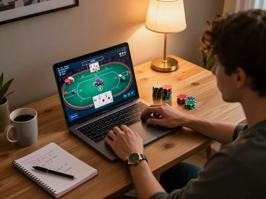 Engaged player at 789WIN online casino enjoying a thrilling poker game from a cozy home setup.